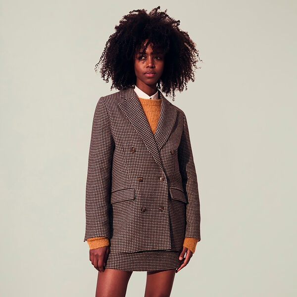 Remi dobbeltradet blazer i ullblanding, brun rute, Lexington